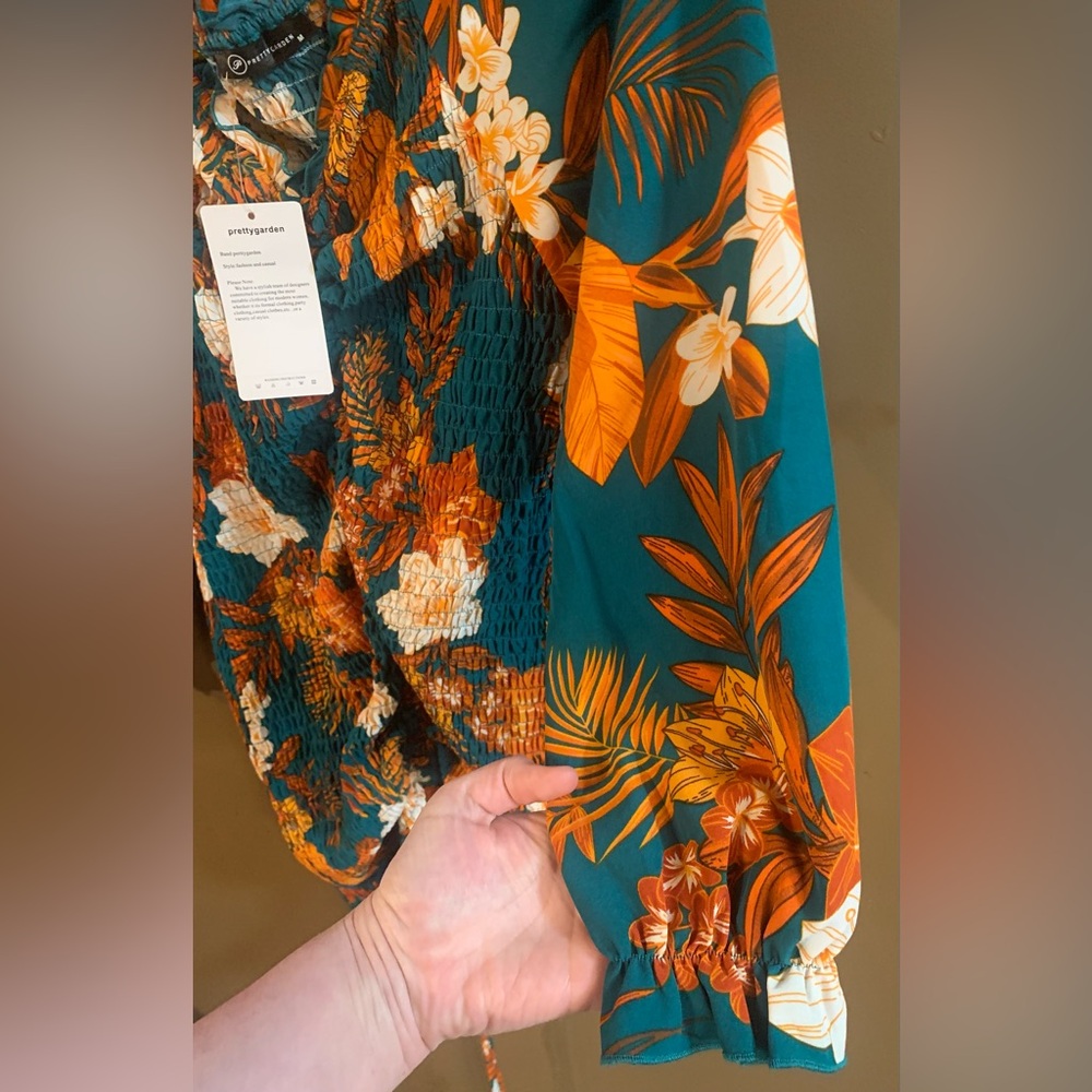 NWT PRETTYGARDEN Teal Floral Smocked Long-Sleeve Tunic Midi Dress - Picture 6 of 7